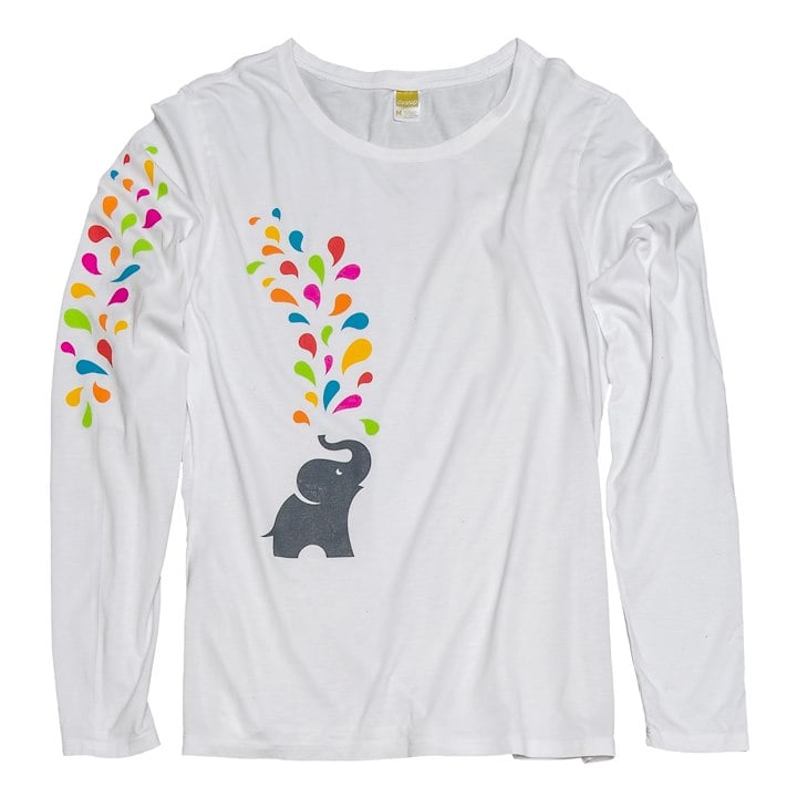 A white long sleeved shirt with an elephant design. Elephant is cute and colorful water drops are coming from trunk