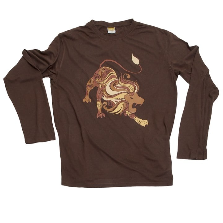 A brown long sleeved shirt with a lion design on it
