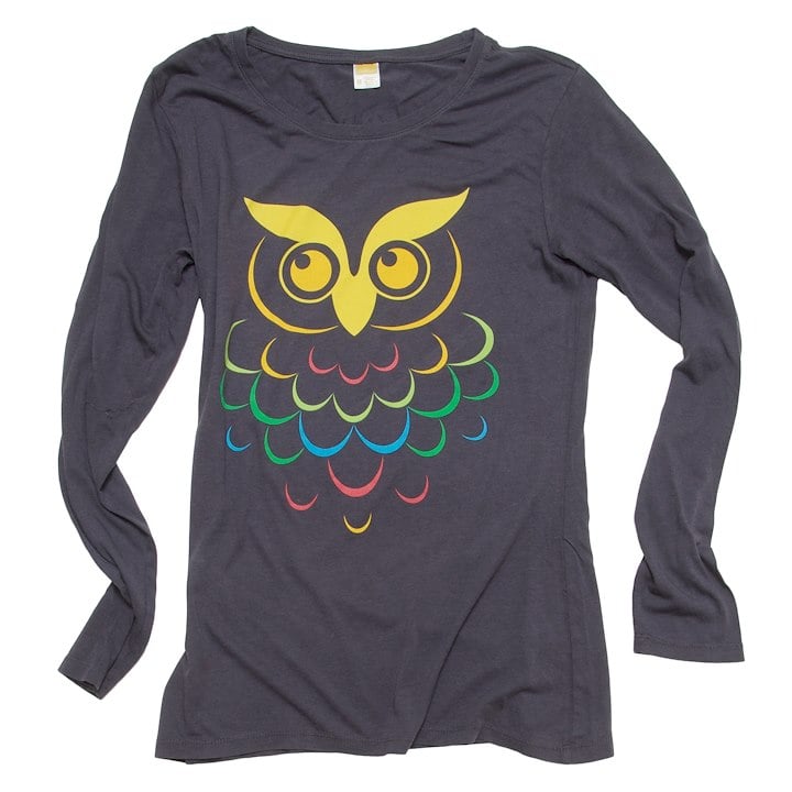 A long sleeved shirt with an owl on it. Owl body in design has colorful body and face is yellow looks up