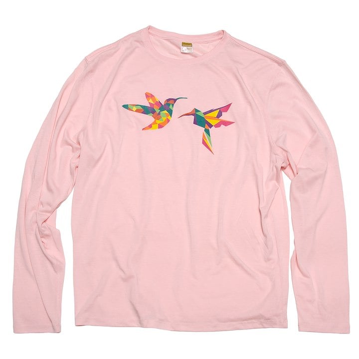 A pink long sleeved shirt with colorful hummingbirds on it