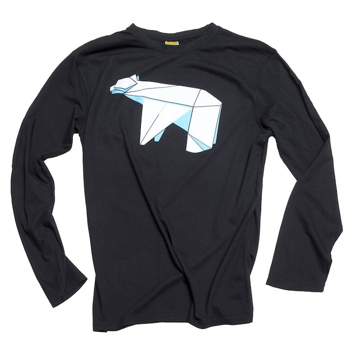 A black long-sleeve shirt featuring a geometric polar bear design in blue and white.