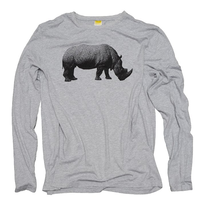A gray long-sleeved shirt features a black rhinoceros graphic with a geometric pattern.