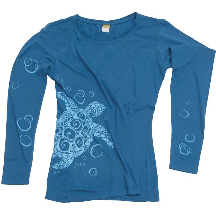 A blue long-sleeve shirt featuring a decorative turtle and bubble design.