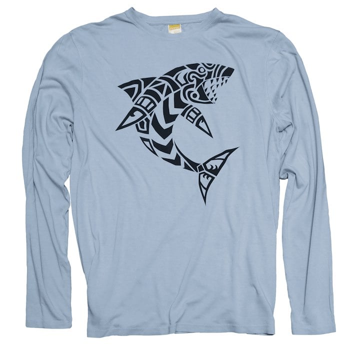 A light blue long-sleeve shirt featuring a tribal-style black shark design.
