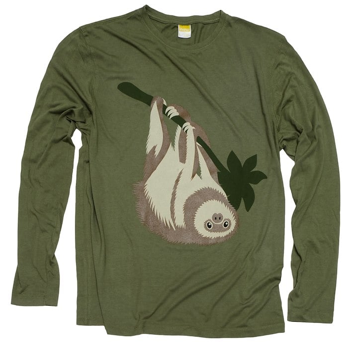 A green long sleeved shirt with a sloth on it
