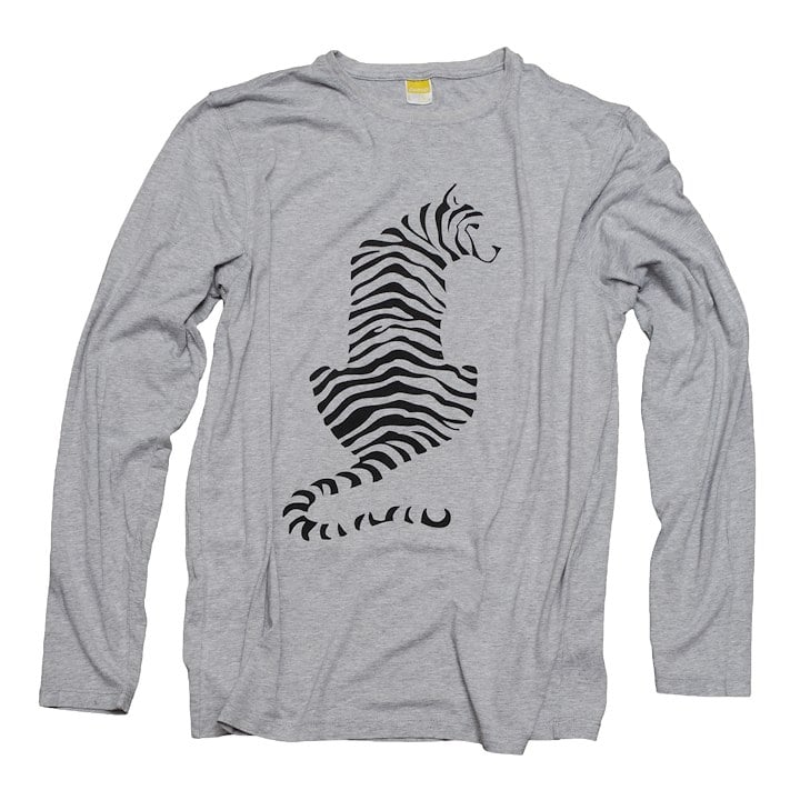 A grey long sleeved shirt with a tiger design