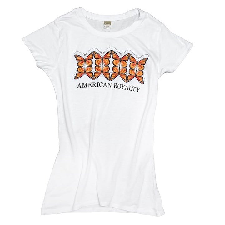 A white t-shirt with orange butterflies on it and the phrase "American Royalty"
