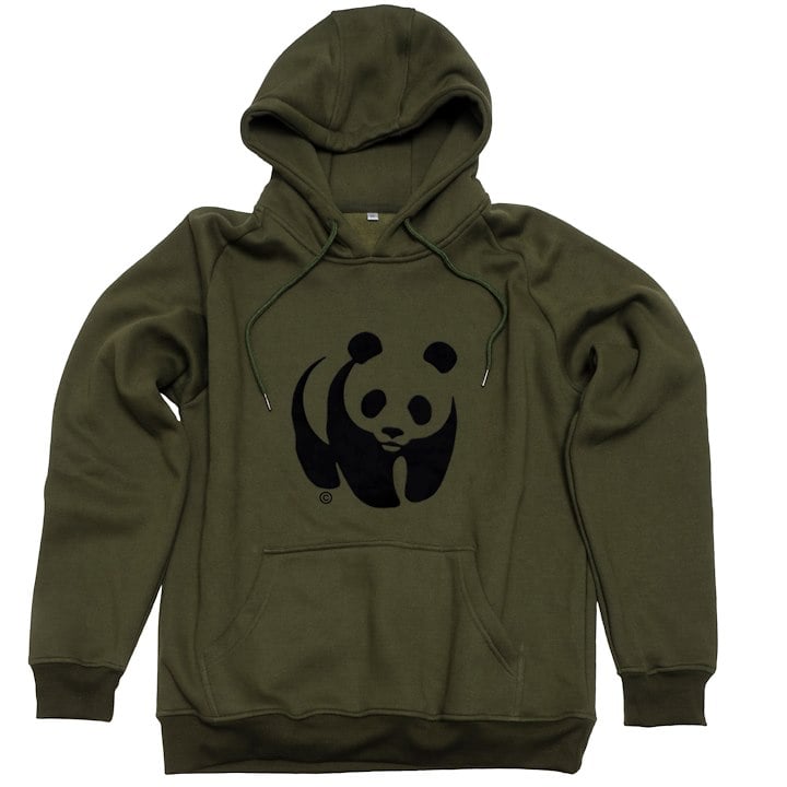 A green hoodie with a black panda logo on the front and a front pocket.