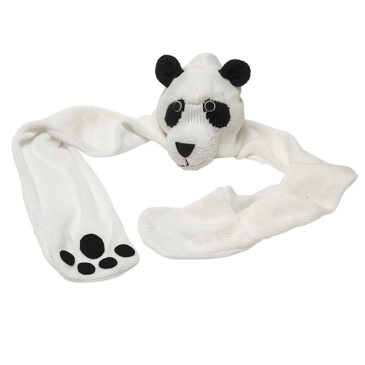 A white knit scarf with a panda face design on one end and paw prints on the other ends.