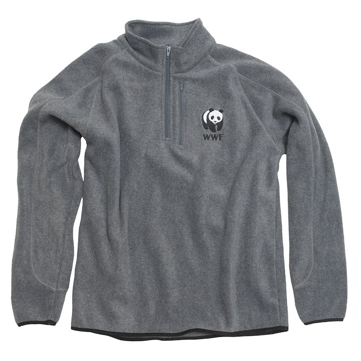 A gray zip-up fleece pullover featuring the WWF logo with a panda design.