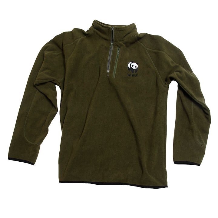 An olive green fleece pullover with a quarter-zip design and a WWF panda logo on the chest.