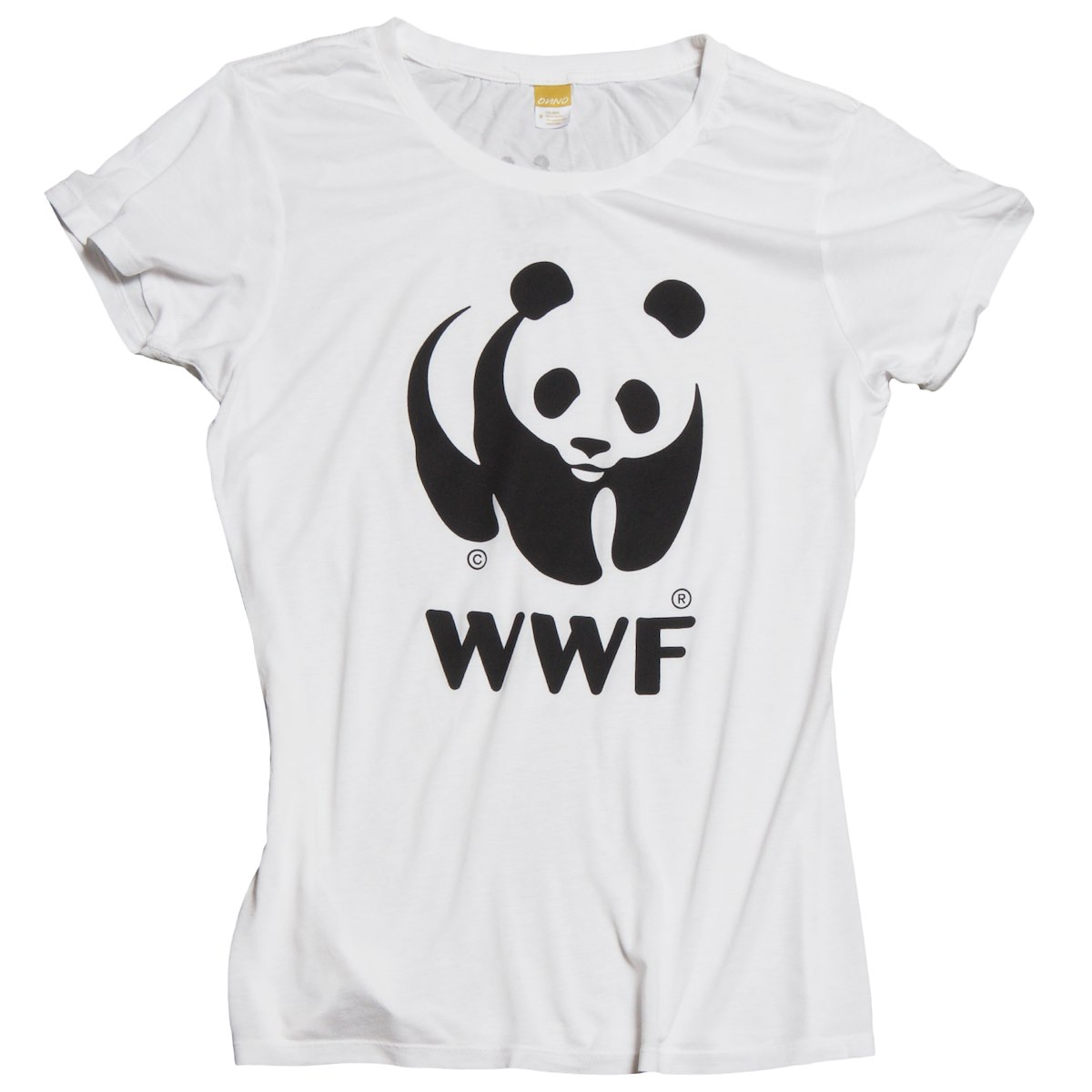 A white T-shirt featuring the WWF logo with a black panda graphic and the letters "WWF" underneath.