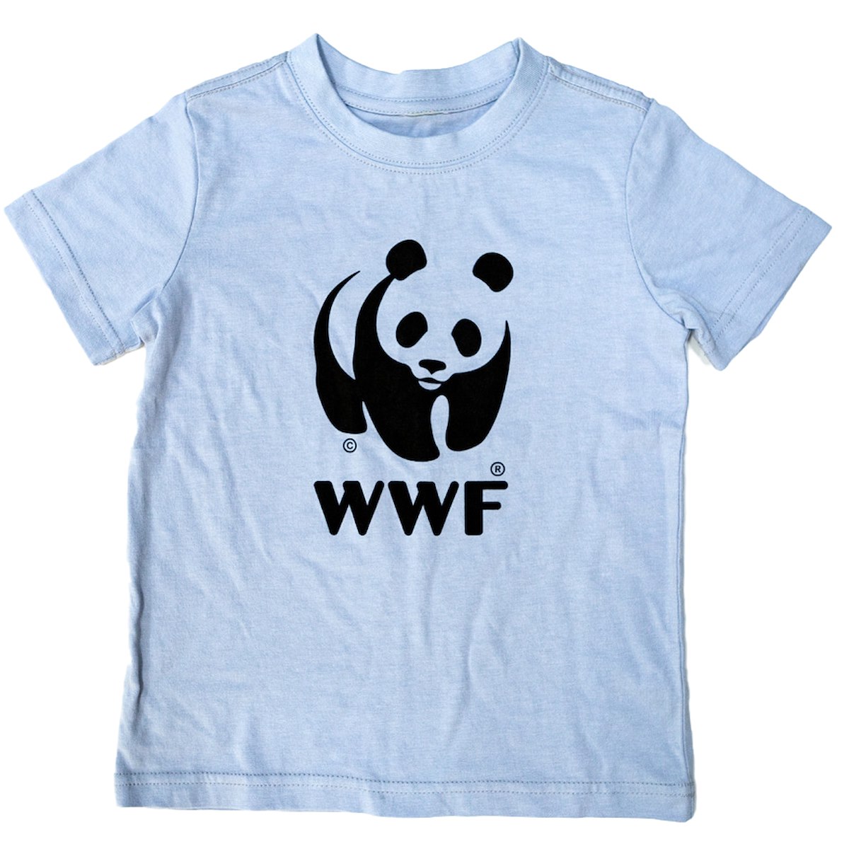 A light blue T-shirt featuring the WWF logo with a stylized panda design in black.