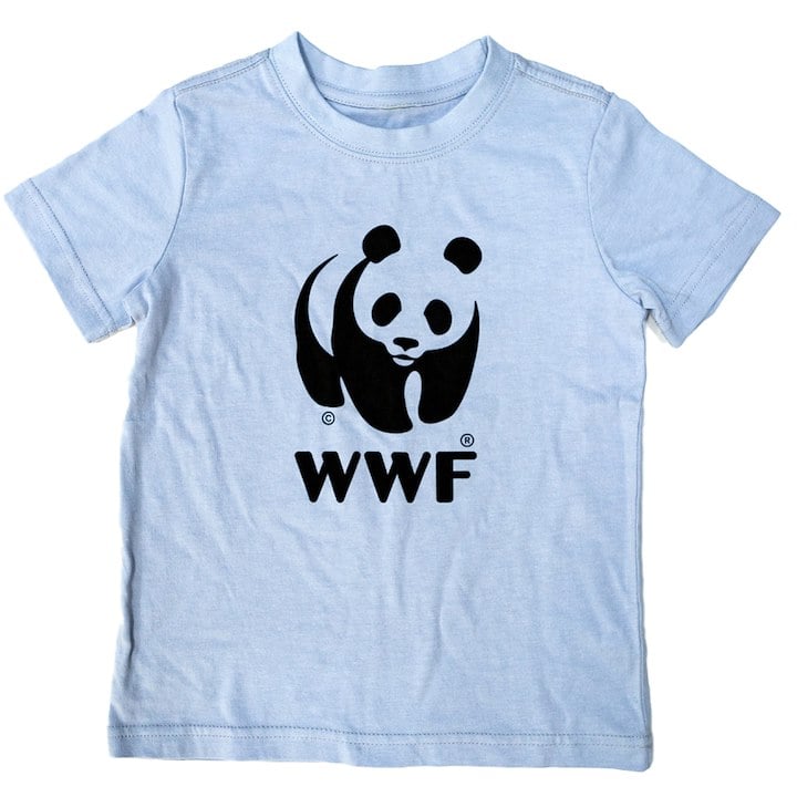 A light blue T-shirt featuring the WWF logo with a stylized panda design in black.