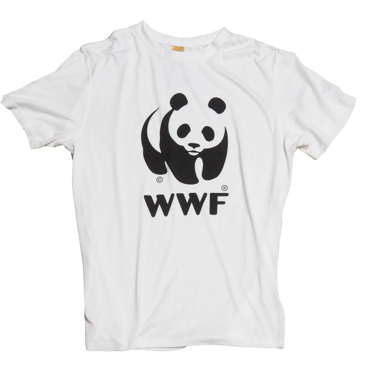 A white T-shirt featuring the WWF logo with a black panda design.