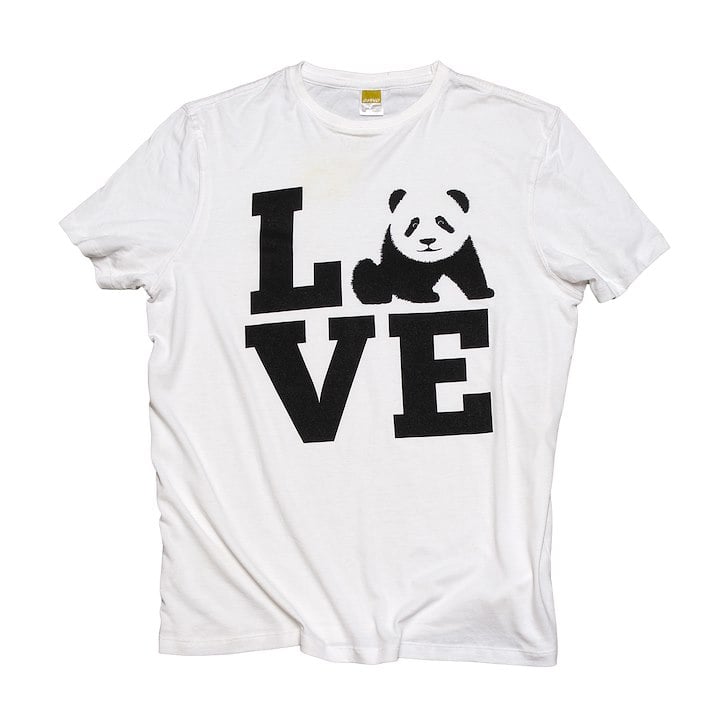A white T-shirt features the word "LOVE" with a panda graphic integrated into the letter "O."