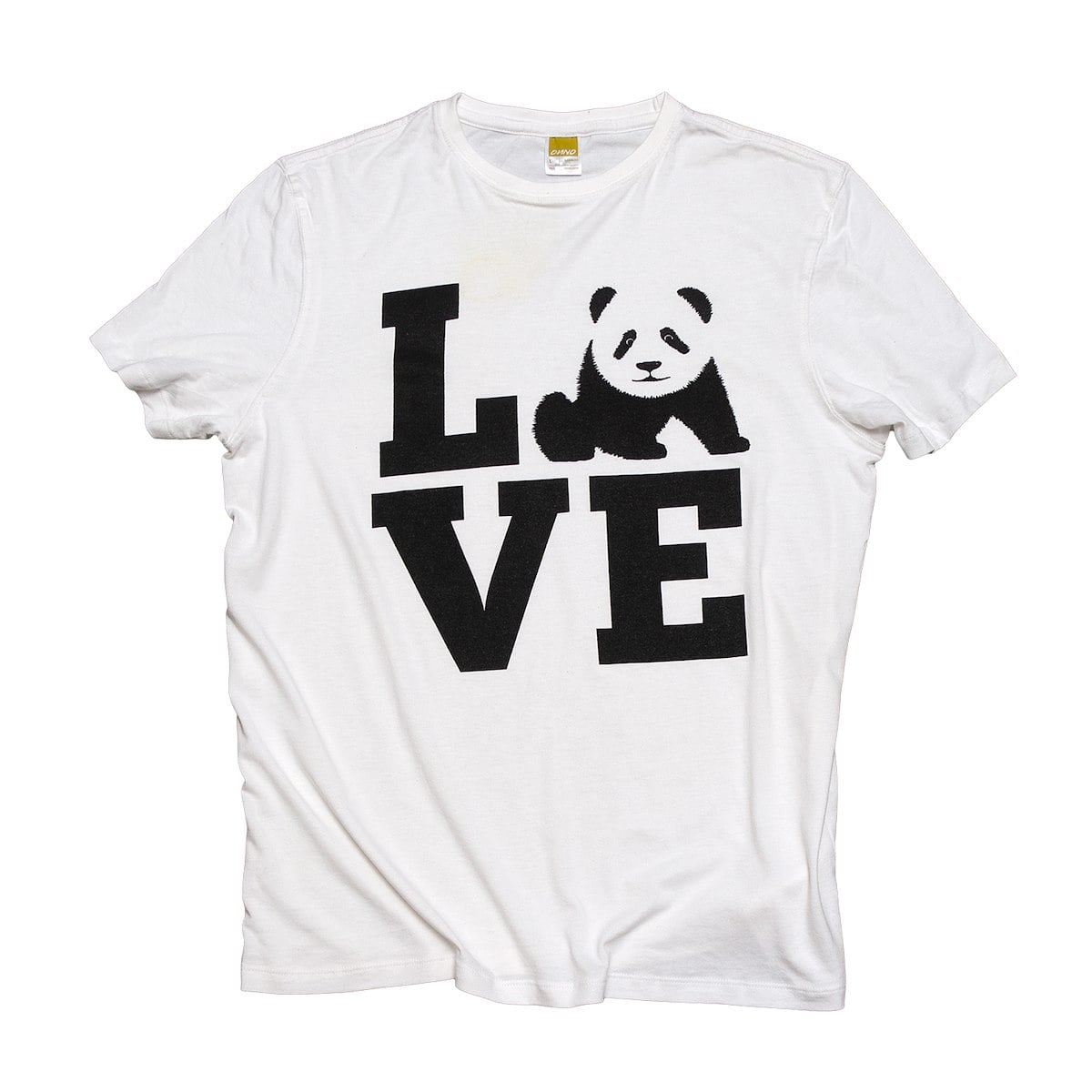 A white shirt with black text LOVE and panda bear replaces O