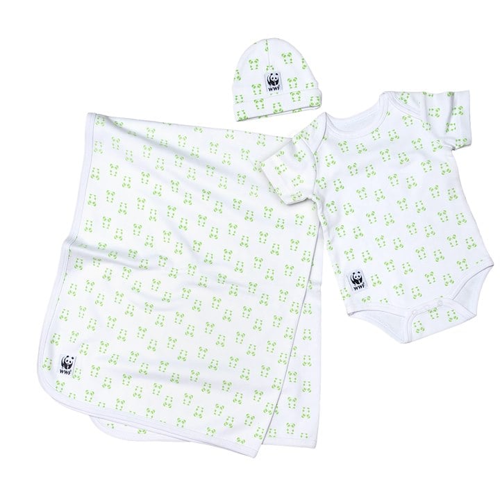 white onesie with green panda pattern
