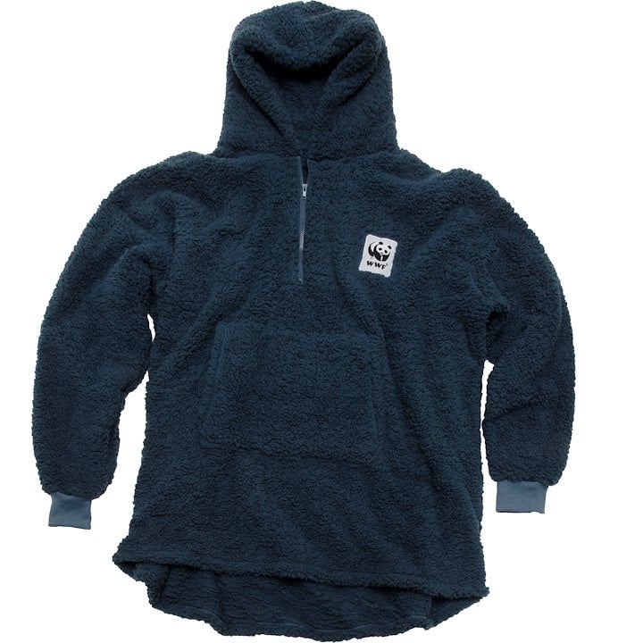A fuzzy, dark teal hooded pullover with a half-zip, kangaroo pocket, and a small panda logo on the chest.
