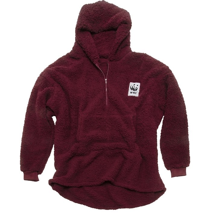 A red fleece jacket with WWF panda logo on it