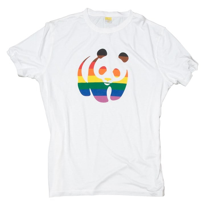 A white T-shirt featuring a stylized panda logo with rainbow-striped coloring.