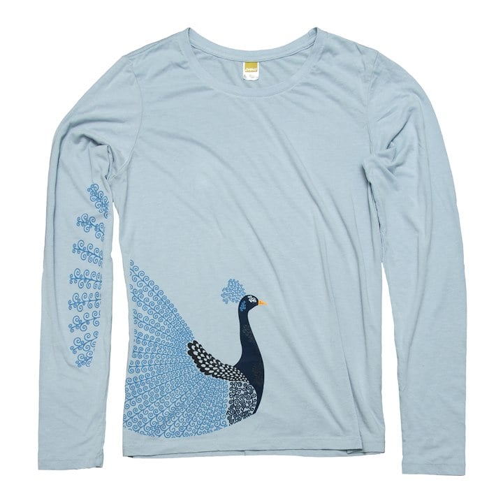 A blue long sleeved shirt with a peacock design