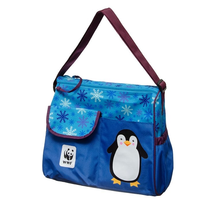 A blue insulated lunch bag featuring a penguin design, snowflake patterns, and a WWF logo, with a maroon strap and side pocket.