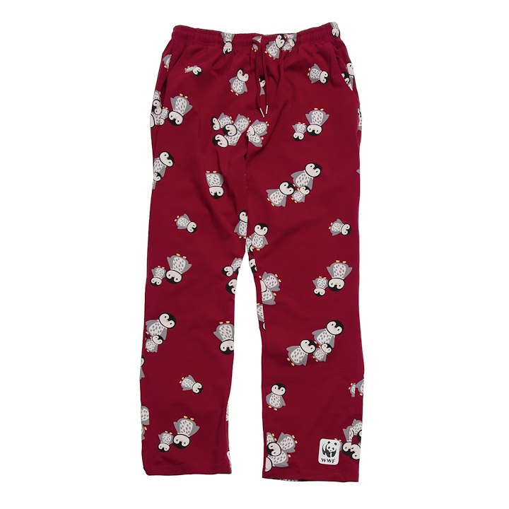 A pair of red pants with cartoon penguin chicks on them
