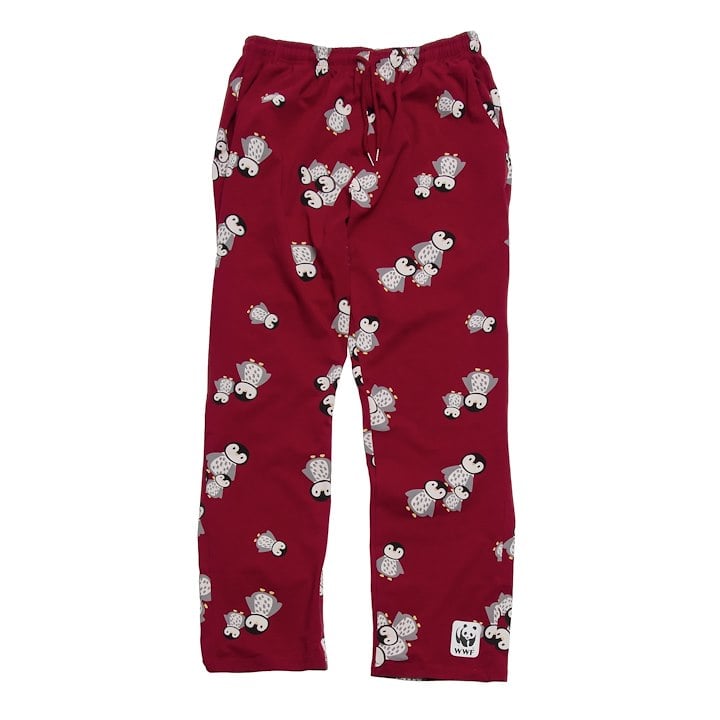 A pair of red pajama pants featuring a playful panda pattern.