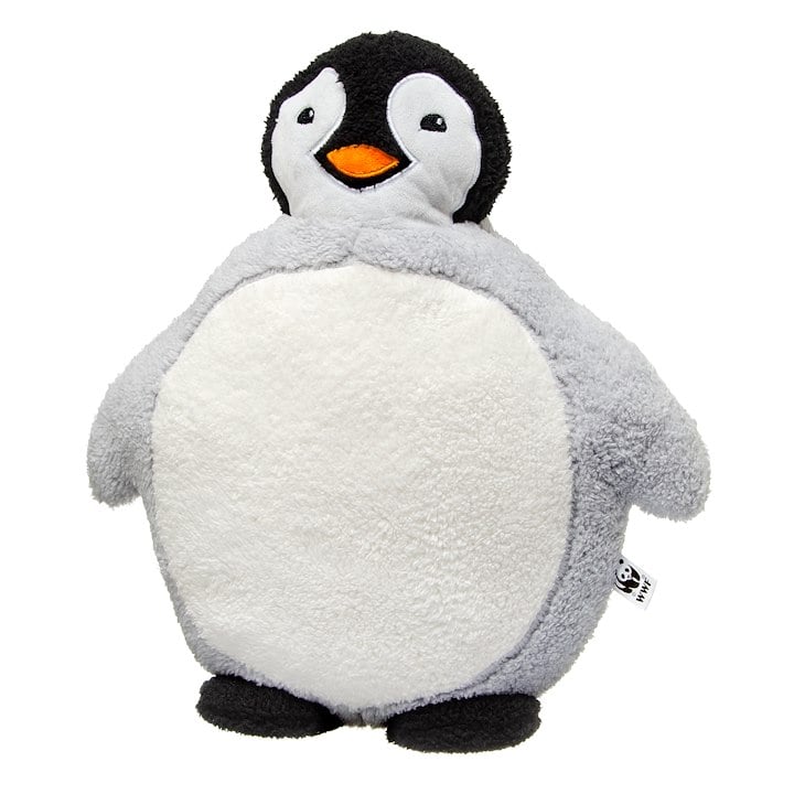 A soft, round plush toy designed as a cheerful gray and white penguin with an orange beak.