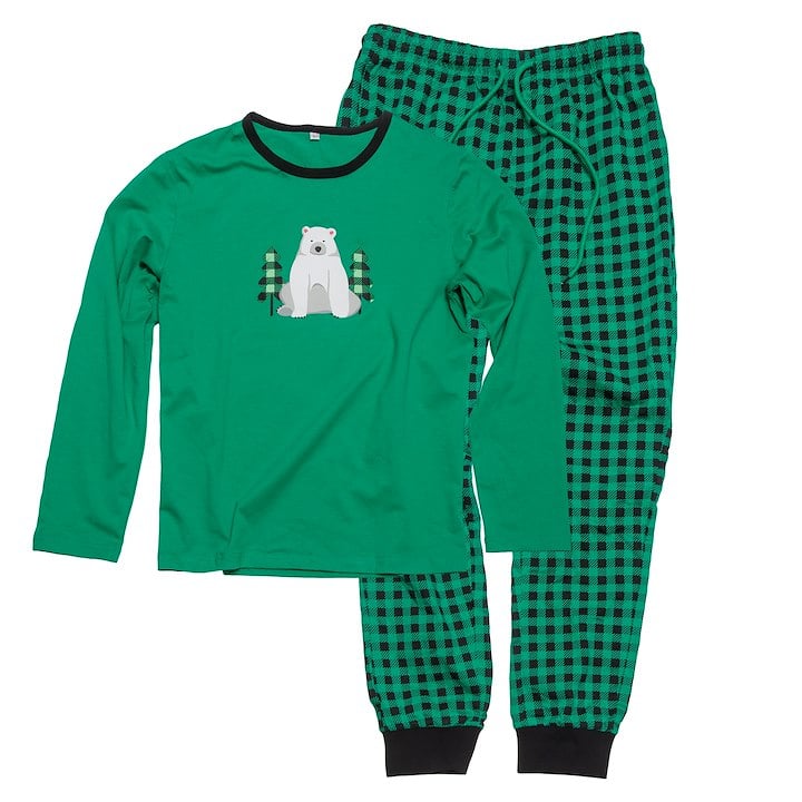 Green pajamas with a polar bear on top and checkered bottoms