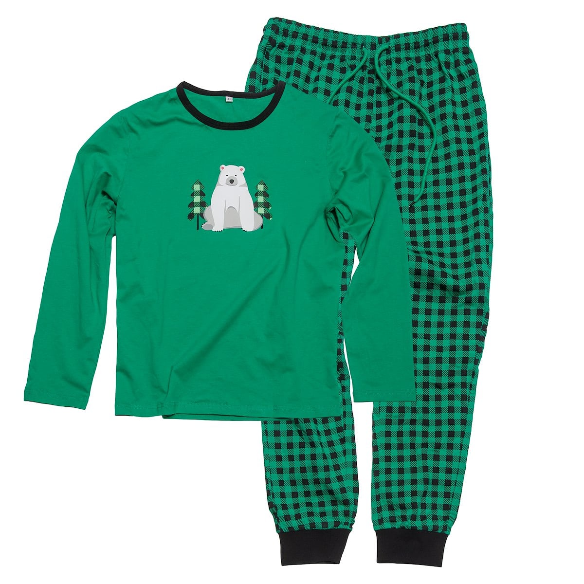 Green pajamas with a polar bear on top and checkered bottoms