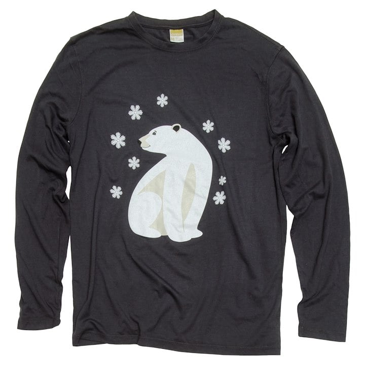 A black long-sleeve shirt featuring a graphic of a white polar bear surrounded by snowflakes.