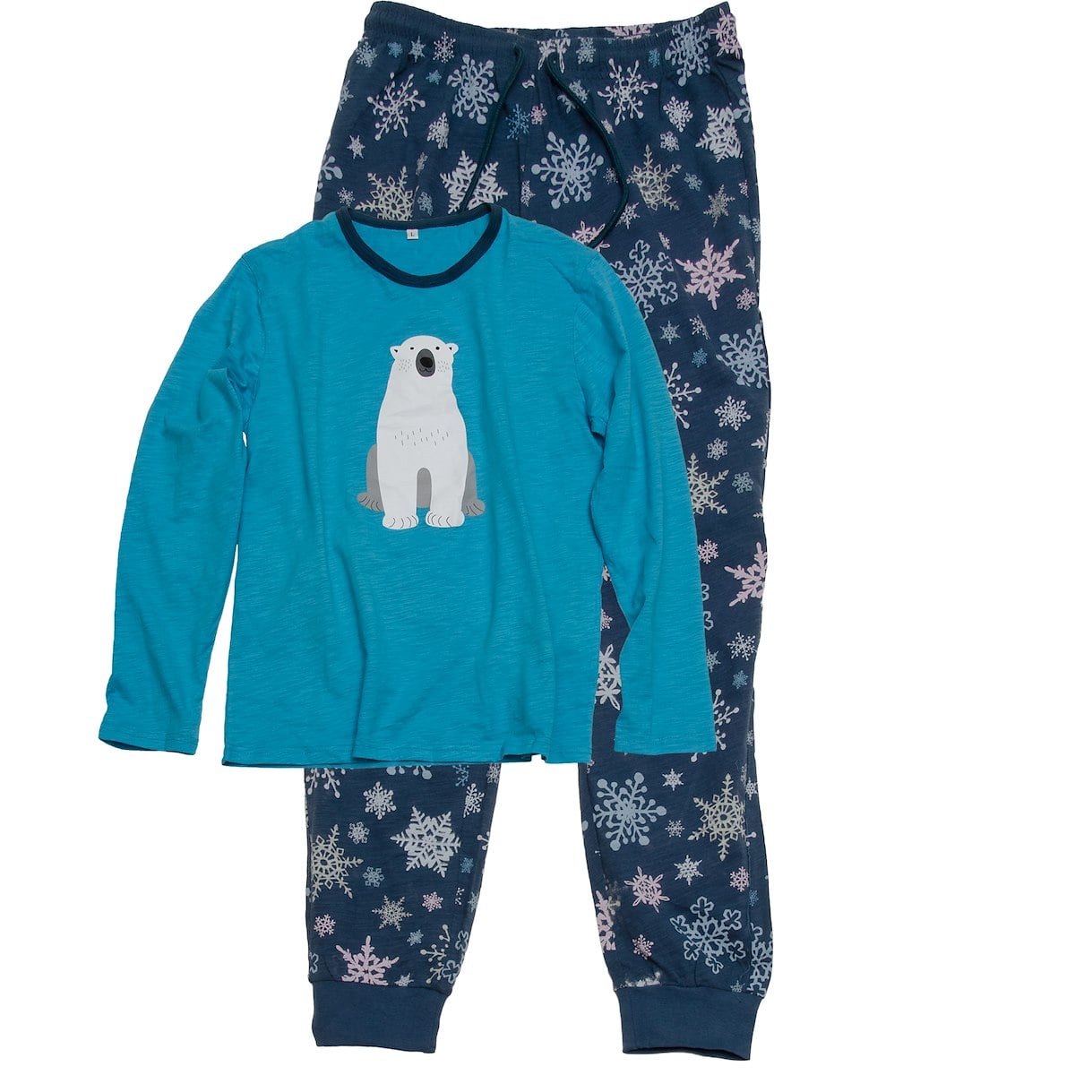 A blue pajama top with a polar bear on it and bottoms with snow flakes