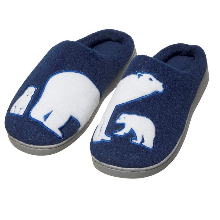 A pair of blue slippers featuring white polar bear designs with cubs.