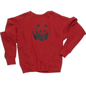A red sweatshirt featuring a black panda logo on the back.