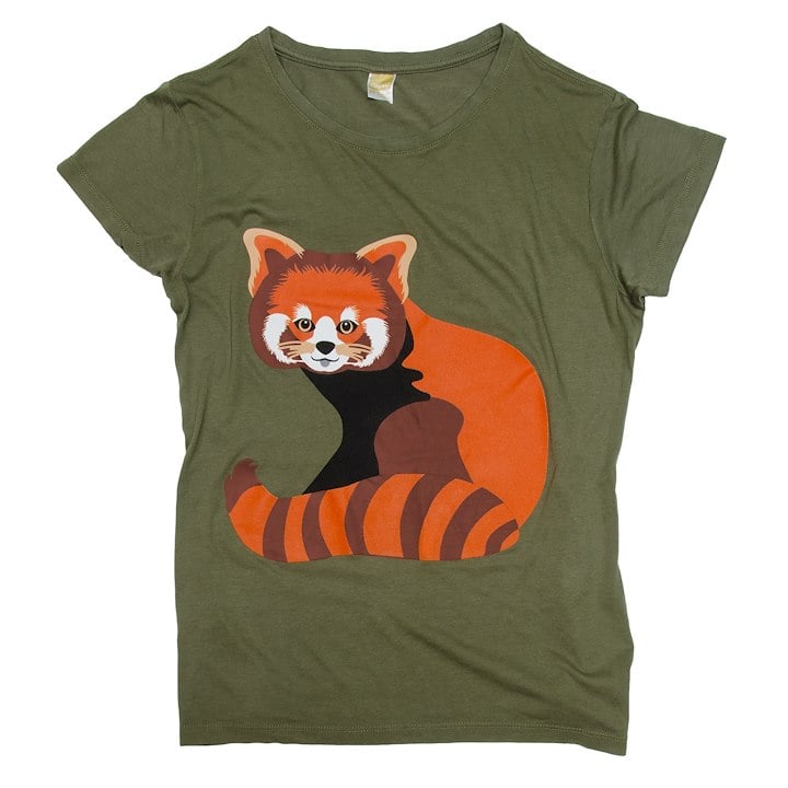 A green shirt with a cartoon of a red panda