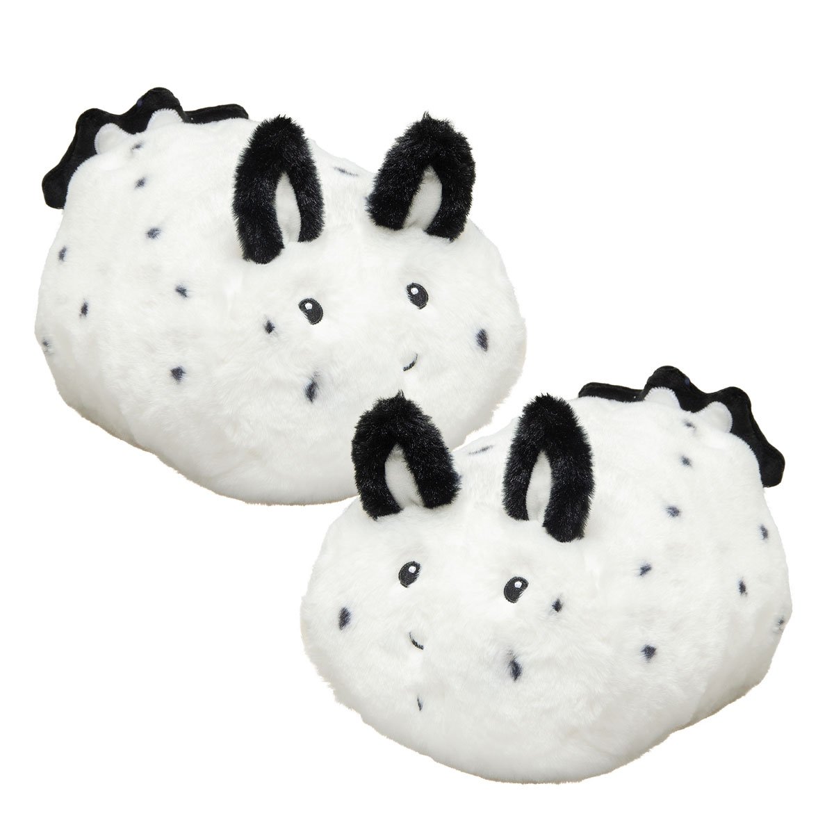 2 white sea bunny plush with black accents