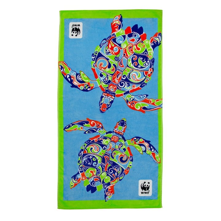 A colorful beach towel featuring two vibrantly patterned sea turtles with a WWF logo in the corners.