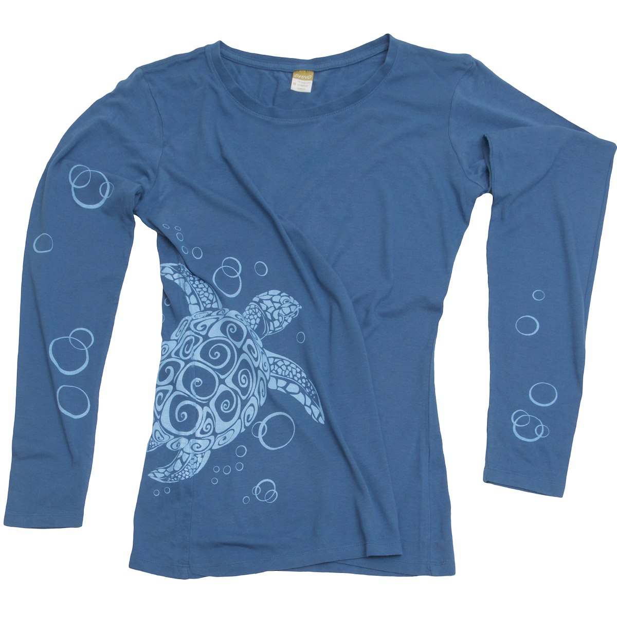 A blue long-sleeve shirt featuring a decorative turtle and bubble design.