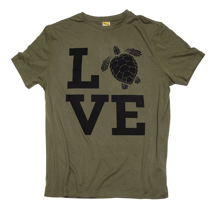 A green shirt with black letters Love. Turtle replaces the O.
