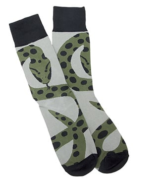 A pair of socks featuring a green snake design with black spots and accents.
