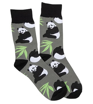 A pair of gray socks featuring panda and green bamboo illustrations with black cuffs, heels, and toes.