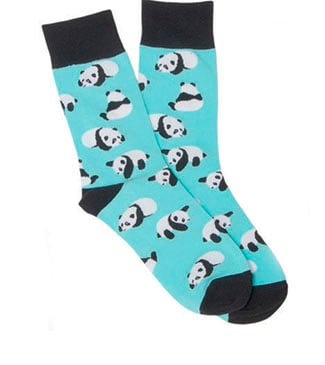 A pair of teal socks with black accents featuring a pattern of pandas.