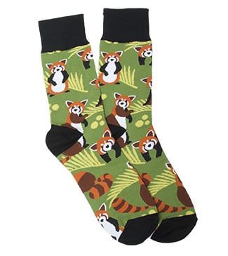 A pair of green socks with black cuffs, heels, and toes, featuring a playful red panda pattern.