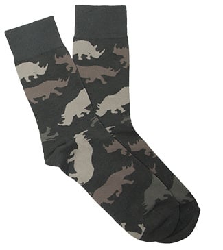 A pair of dark socks features a camouflage pattern with rhino silhouettes in various neutral tones.