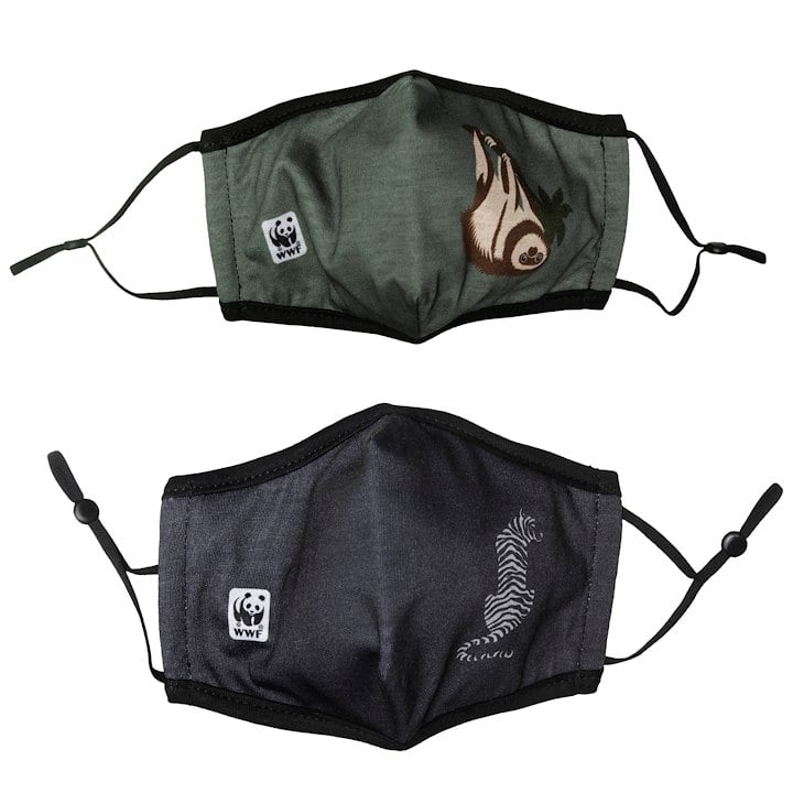 A pair of face masks with sloth and tiger designs