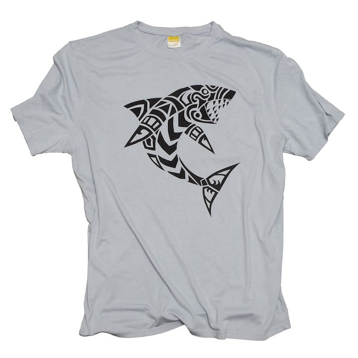A grey t-shirt with a shark design