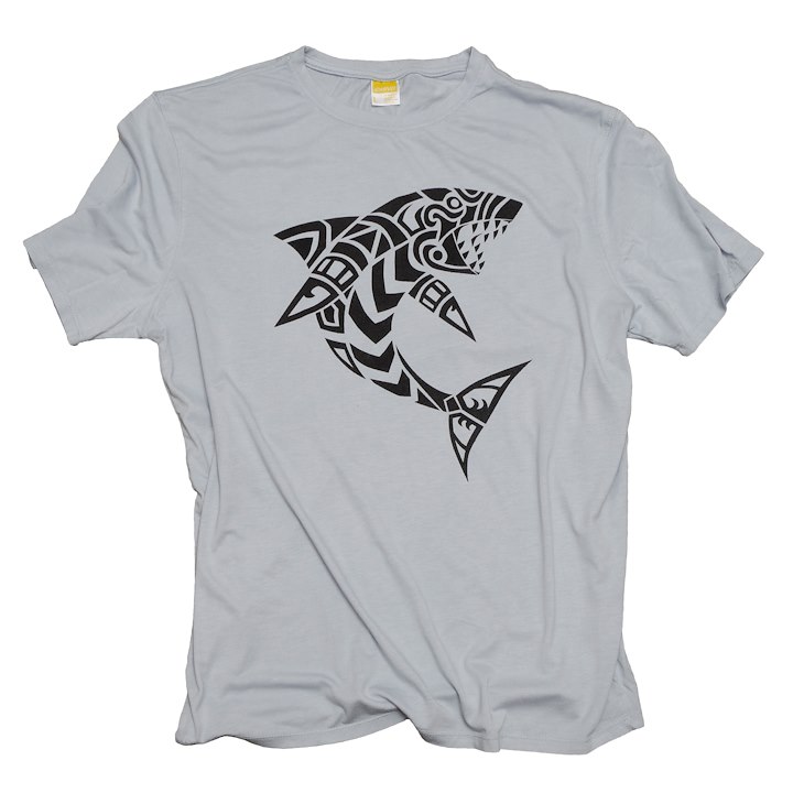A light gray T-shirt featuring a tribal-style black shark design.