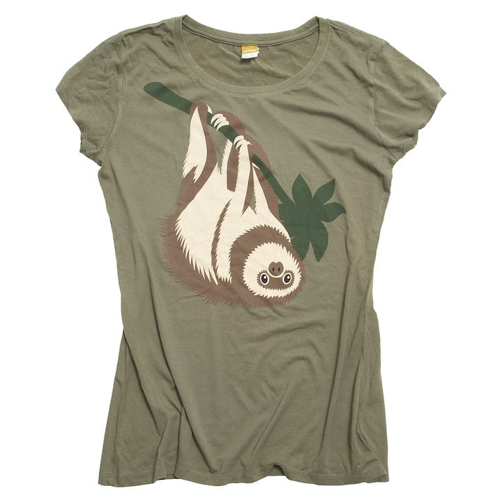 A green t-shirt with a sloth on it